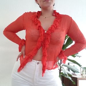 100% Silk Button Up Ruffle Sheer Top